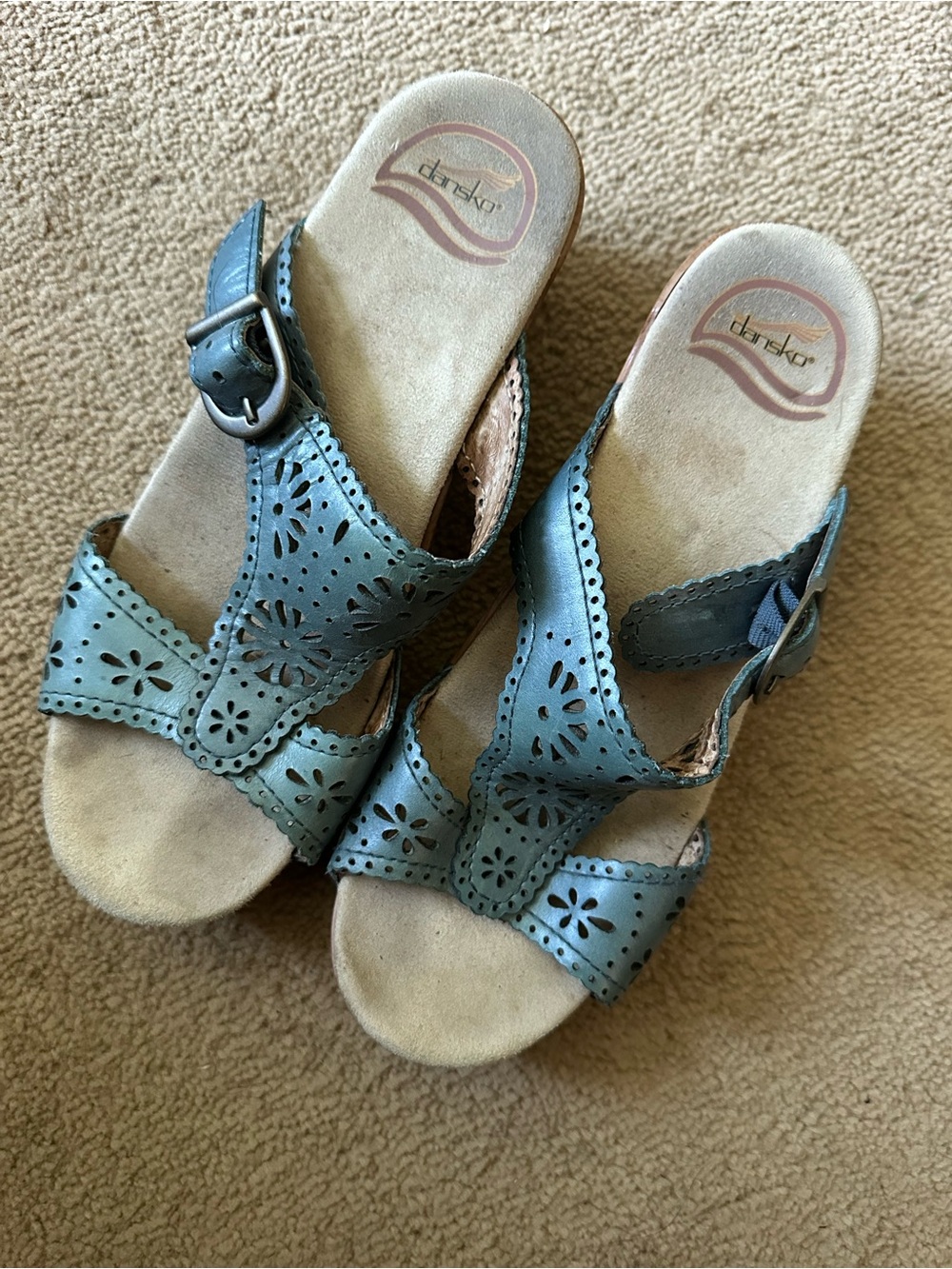 Dansko Teal Laser-Cut Leather Slide Mules